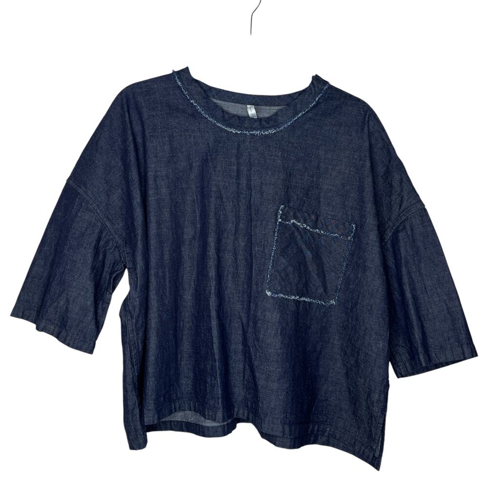 Paris De Aoune Womens Blouse Top OS Blue Denim Cotton Boxy Zip Japan Lagenlook